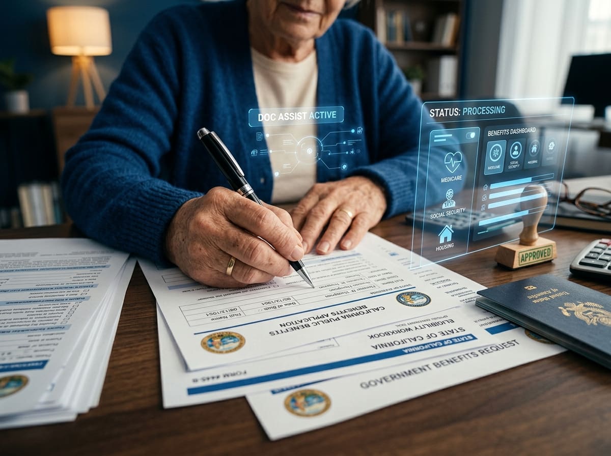 Hands completing a public-benefits application at a desk